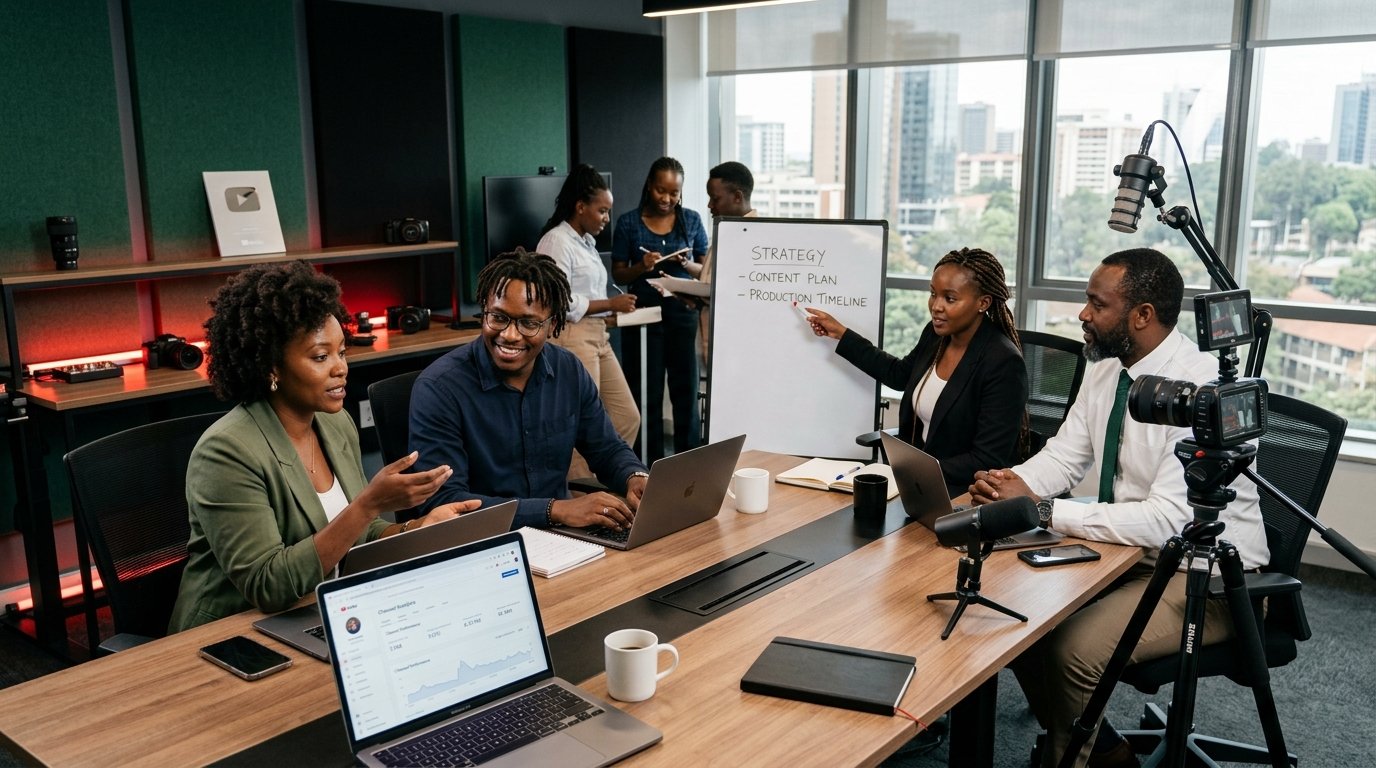 Professionals collaborating on YouTube strategy
